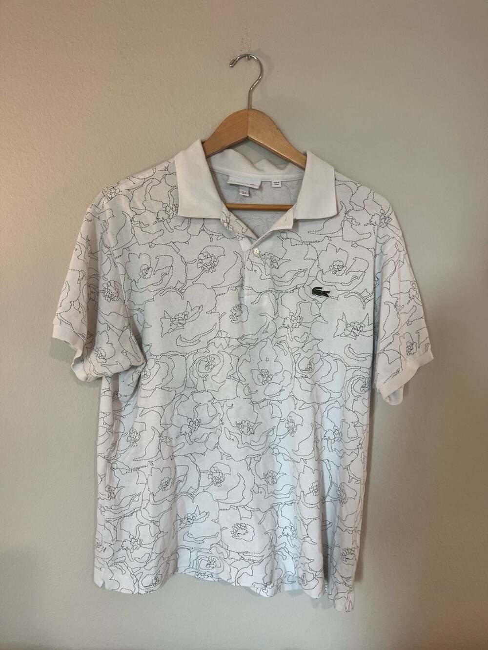 Lacoste, Classic Fit Flower Print Short Sleeve Polo, White, Embroidered Logo, L